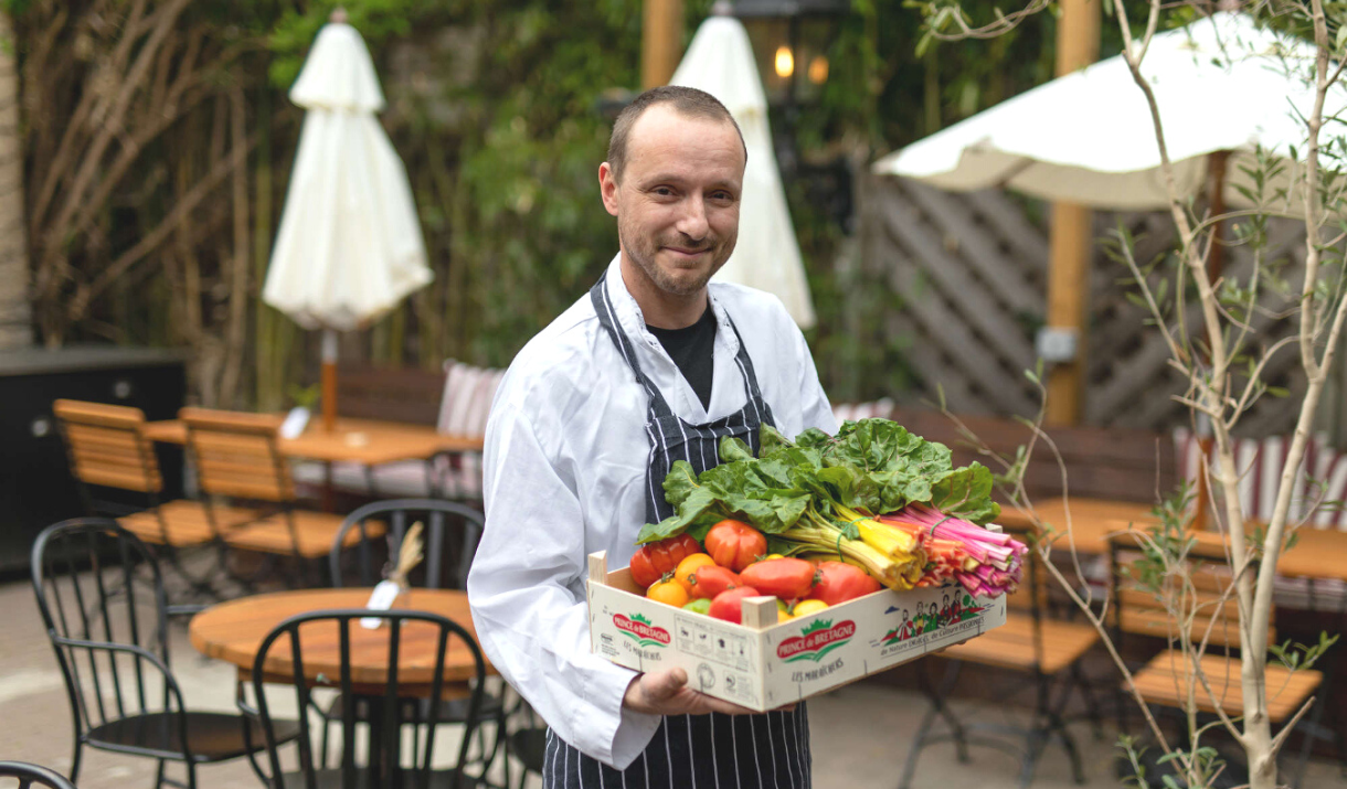 The chef with fresh vegetables at Richard the First in Greenwich